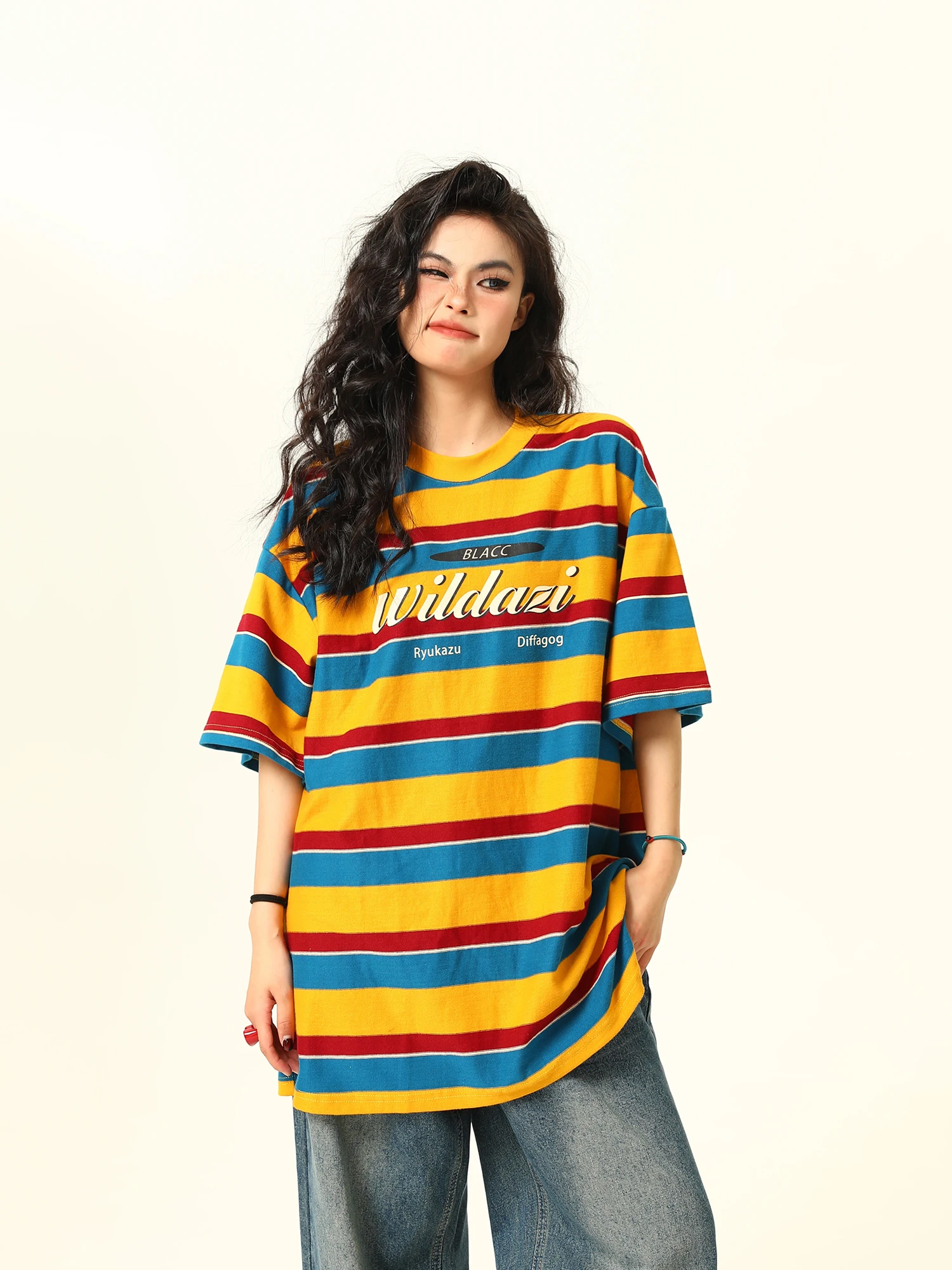 

Женская футболка Wild Original American Retro Rainbow Stripes с коротким рукавом, в стиле колор-блок, летняя, свободного кроя, повседневная