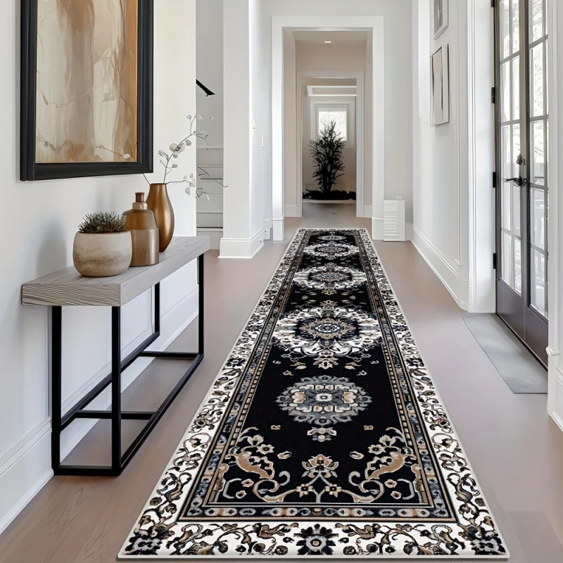 VIKAMA Vintage Persian Floral Long Runner Rug Black Traditional Non Slip Hallway Entrance Corridor Floor Mat Home Decor