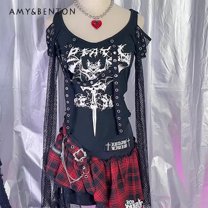 

Футболка для похудения в стиле панк, темный рок, с открытыми плечами и сетчатыми рукавами, женская футболка в европейском и американском стиле, черная женская одежда Y2K для горячих девушек