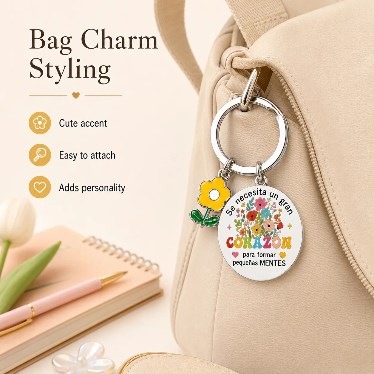Spanish Teacher Keychain, Round Metal Key Ring with Yellow Flower Charm, Appreciation Gift for Teachers, Bag Car Accessory