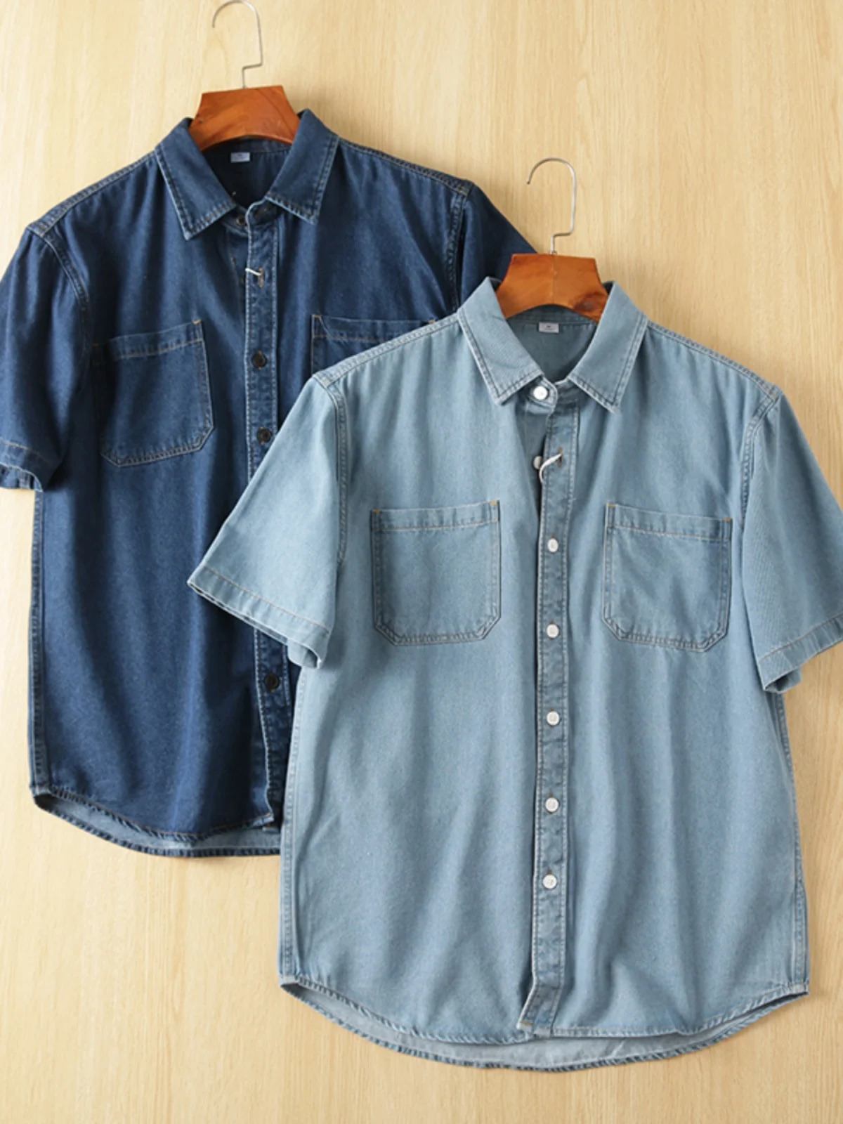 

6-Ounce Denim Men's Casual ort-Sve Work irt Summer Faion Loose Fit Regular Thin Daily Wear Turn-Down Collar