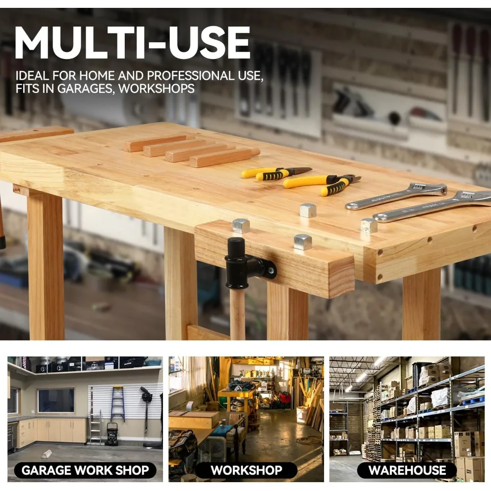 Workbench Rubber Wooden Work Bench with Open Space and Adjustable Rotating Handles Hardwood Workbench for Garage, Workshop