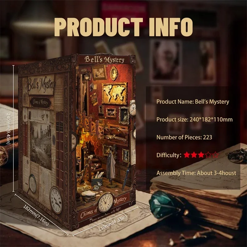 

DIY Wooden Bell's Mystery Book Nook Bookshelf with Light Bookend Shelf Insert Miniature Model Kits for Friends Birthday Gifts