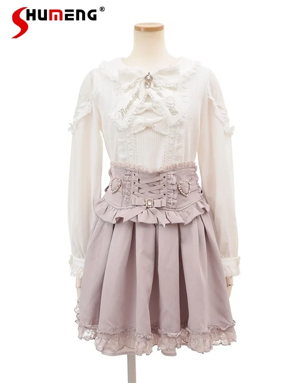 Lolita Mine Mass-Produced Knitwear Sweet Embroidered Bowknot Ribbon Knit Jumper Japanese Women Stap Skirts Femininas Elegantes