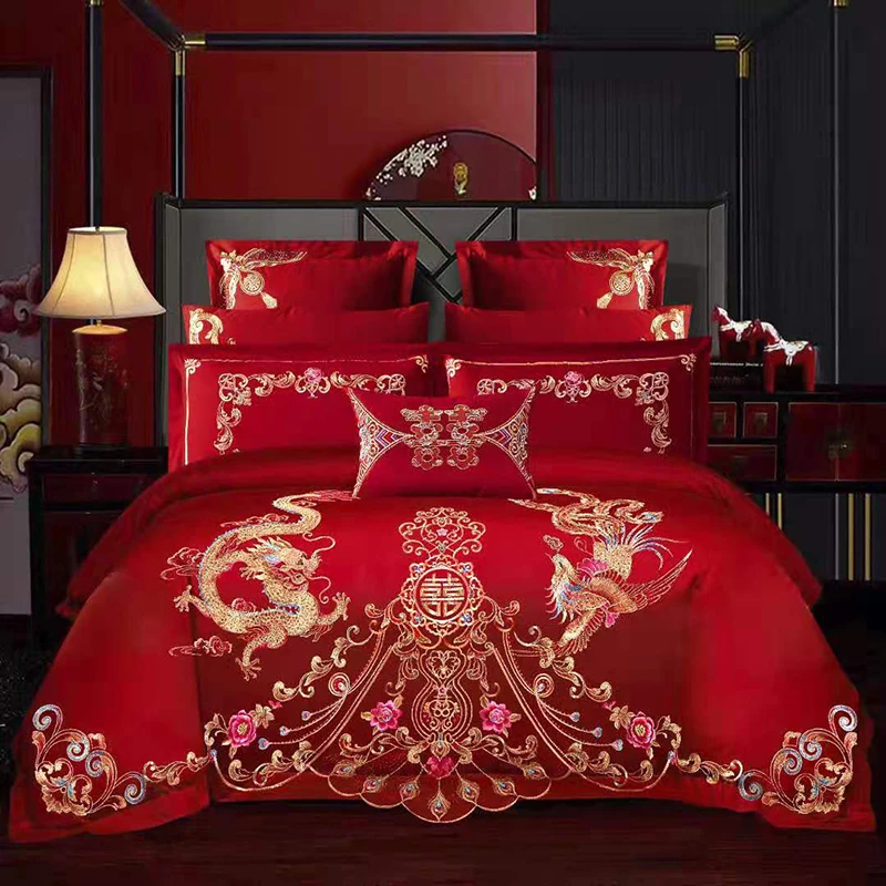 Golden Loong Phoenix Embroidery Bedding Set Luxury Red 100% Cotton Chinese Wedding Princess Duvet Cover Bed Sheet Pillowcases