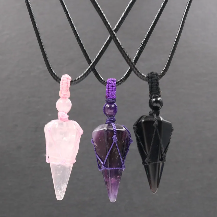 YJXP Natural Stone Pendants Amethyst Crystal Quartz Black Rope Wrapped Net BagTigereye Necklace Female Lapis Lazuli Jewelry