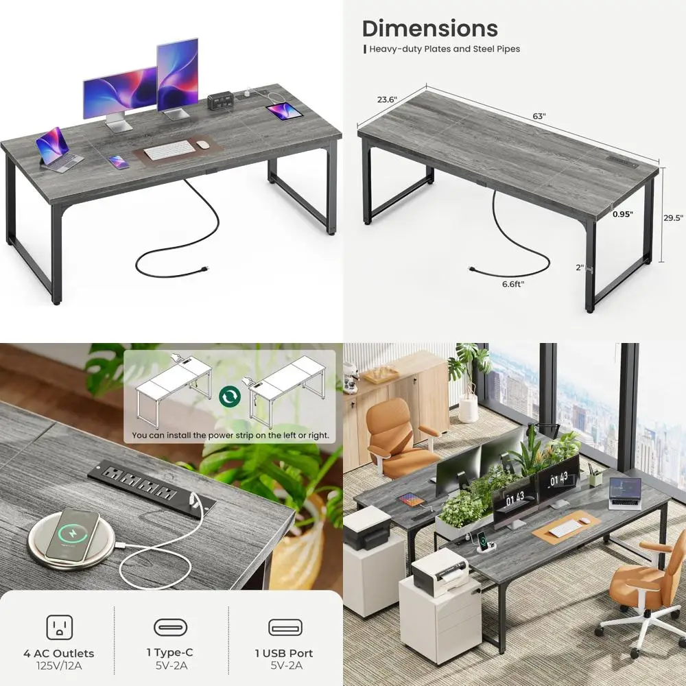 โต๊ะทำงานขนาดใหญ่ 63 x 24 นิ้ว พร้อมพอร์ตไฟและ USB-C ในตัว ความลึกและความหนาที่เพิ่มขึ้น โครงโลหะแข็งแรง ทนทาน