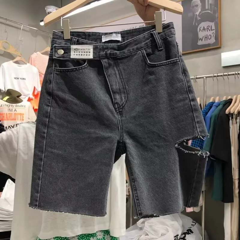 หลวมขากว้างเอวสูงห้าความยาว DENIM orts สําหรับผู้หญิงขนาด PLUS ฤดูร้อนสบายๆ Sle ฉีกขาดออกแบบกางเกงยีนส์ orts