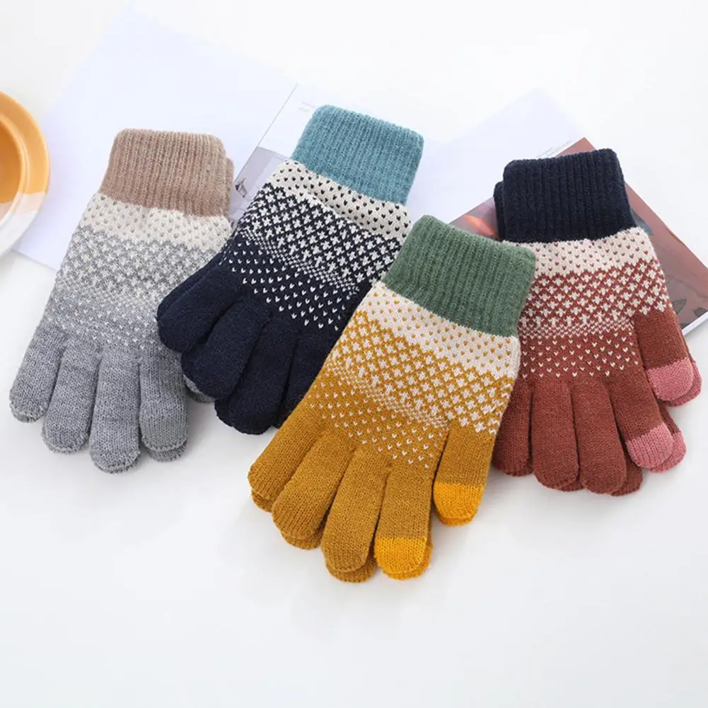 Funny Women Gloves Ribbed Cuffs Comfortable Winter Gloves Winter Striped Splicing Double Layer Fleece Lining Knitting Gloves