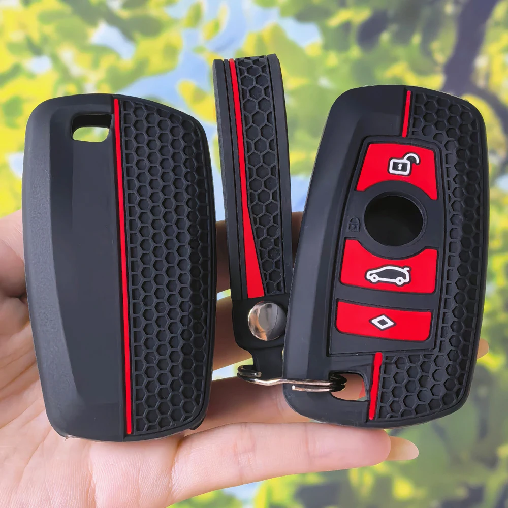 Sleek Red Blue Racing Stripe Honeycomb Smart Key Case With Keychain For BMW F30 F32 F21 F07 F10 1 3 5 7 Series X1 X3 X5 F16 M3
