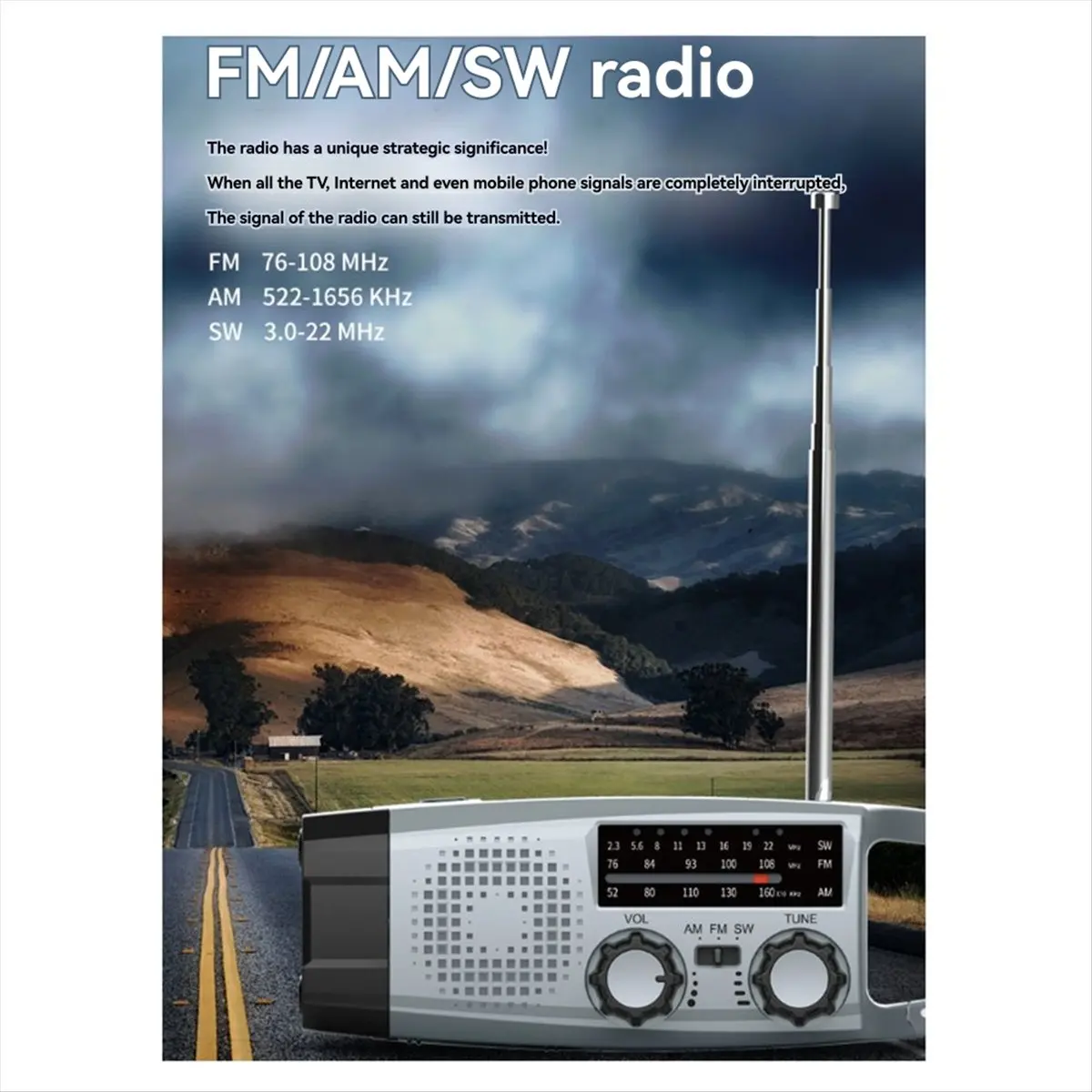 

Multi-Function Solar Emergency Radio with AM/FM/ Bands Large Flashlight Hand-Crank Generator Portable Phone Charger