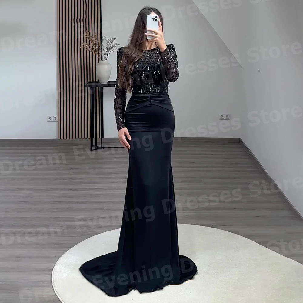 

Сексуальные черные женские вечерние платья русалки по индивидуальному заказу с круглым вырезом и бисером, Vestidos De Fiesta, платья для выпускного вечера с длинными рукавами, Robe De Soirée