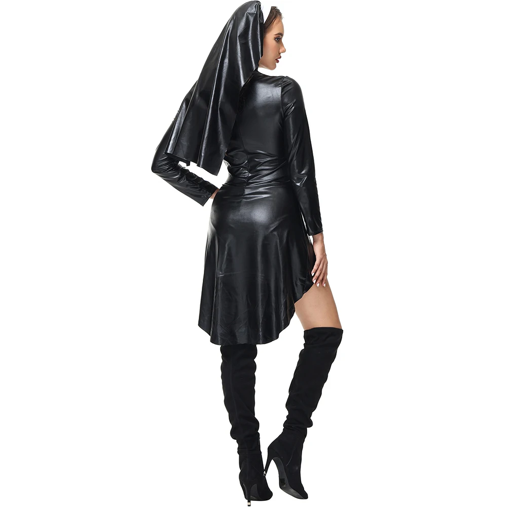 Preto PU Faux Leather Sexy Freira Traje, Senhoras Cruz, Igreja, Convento Religioso Cosplay, Vestido de festa extravagante, Dia das Bruxas