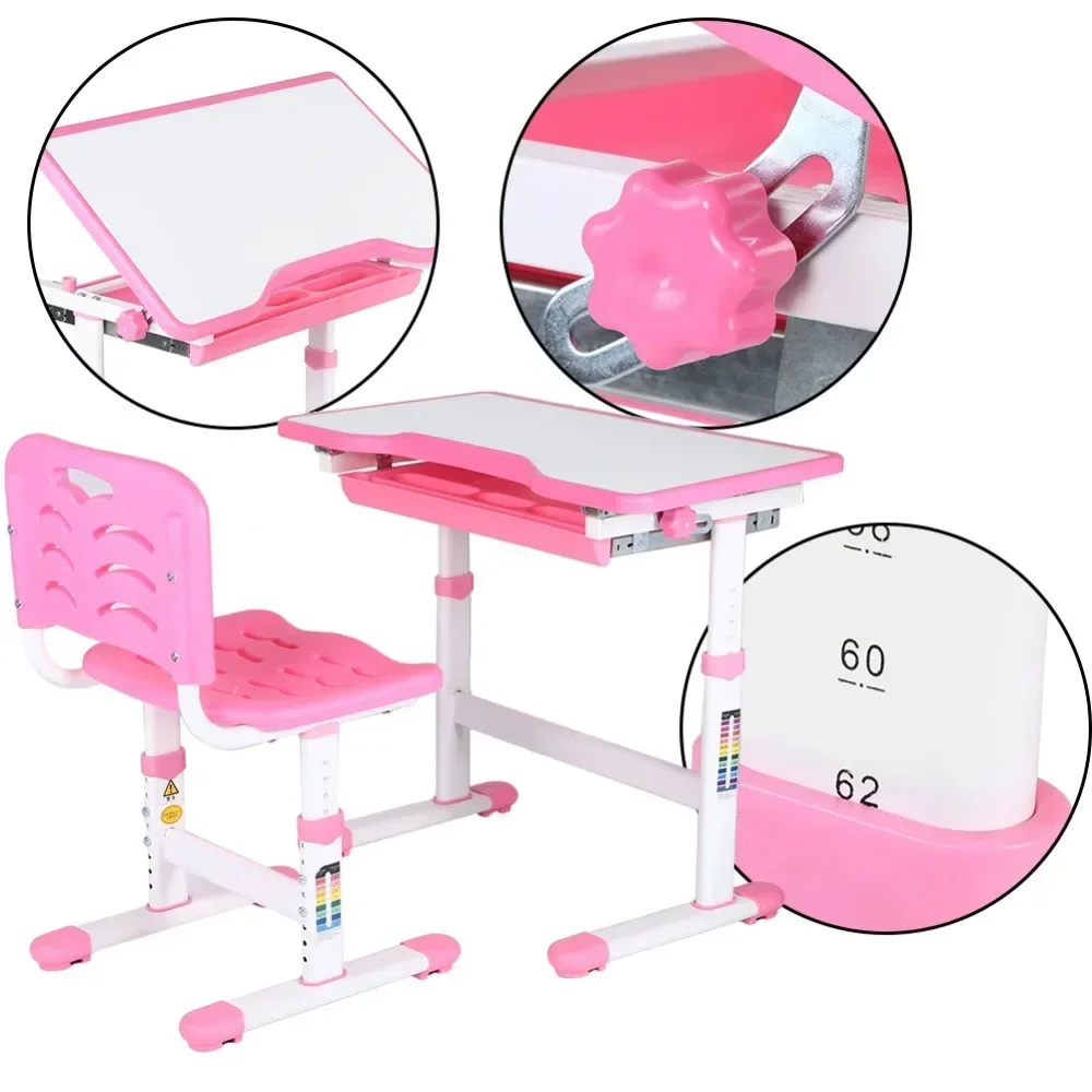 Ajustável Pull Out Drawer Table Set para Crianças, Study Homework Desk Chair, Crianças Atividade Art Table Set, Pink Table Set