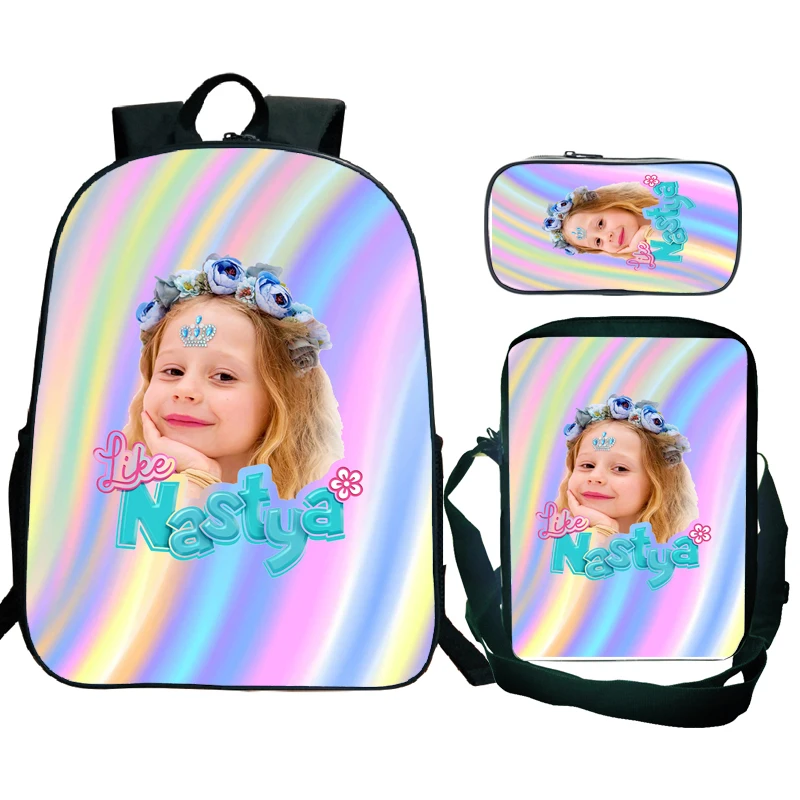 3Pcs Set Like Nastya School Backpack with Shoulder Bags Pencil Bags for Grade1-4 ,Cartoon School Bags for Boys Girls