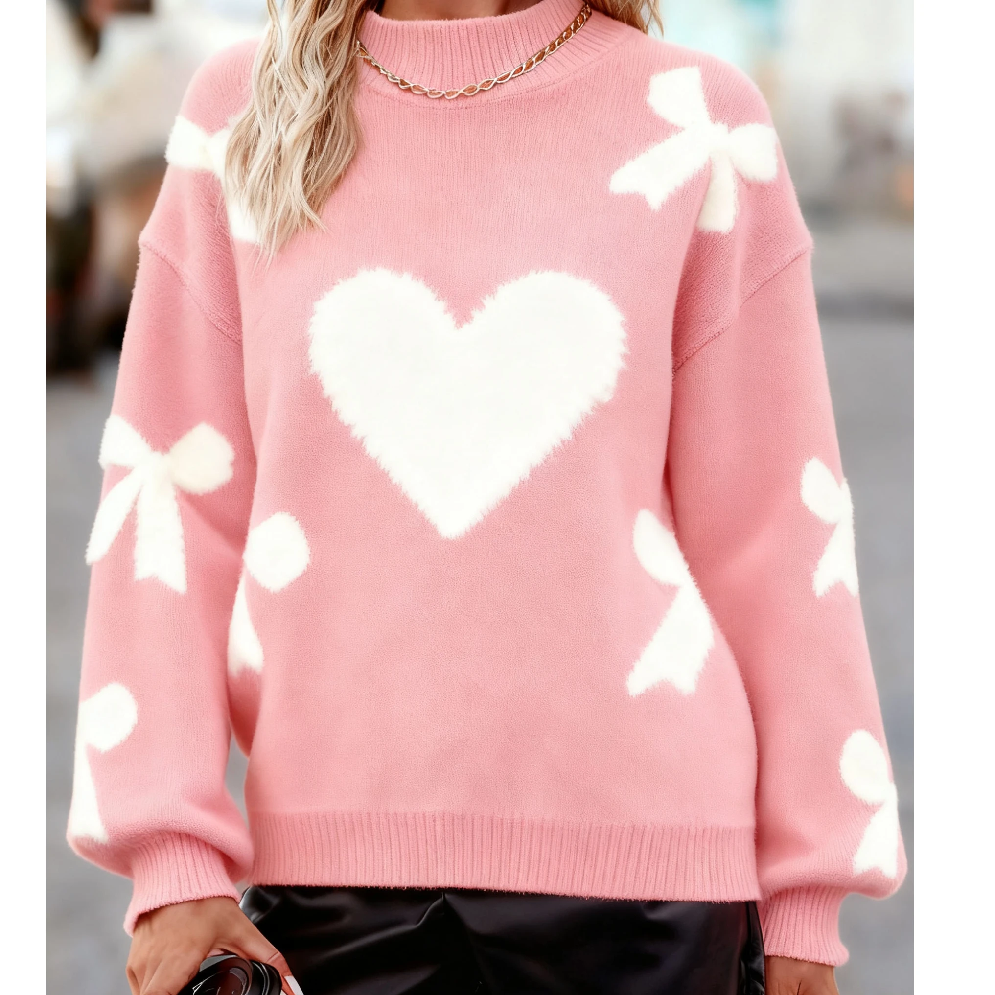 เสื้อไหมพรมคุณภาพพรีเมียมสำหรับผู้หญิง วันวาเลนไทน์ แขนยาว คอเต่า แต่งโบว์ลายหัวใจ ผ้าถักลายแจ็คการ์ด