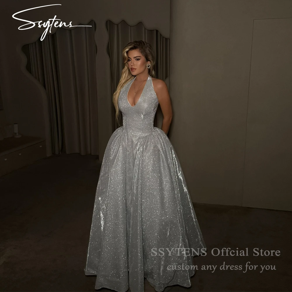 

SSYTENS Shiny Halter A-line Event Dresses Sexy Evening Gowns Backless Floor Length Party Dress for Special Occasions Customized