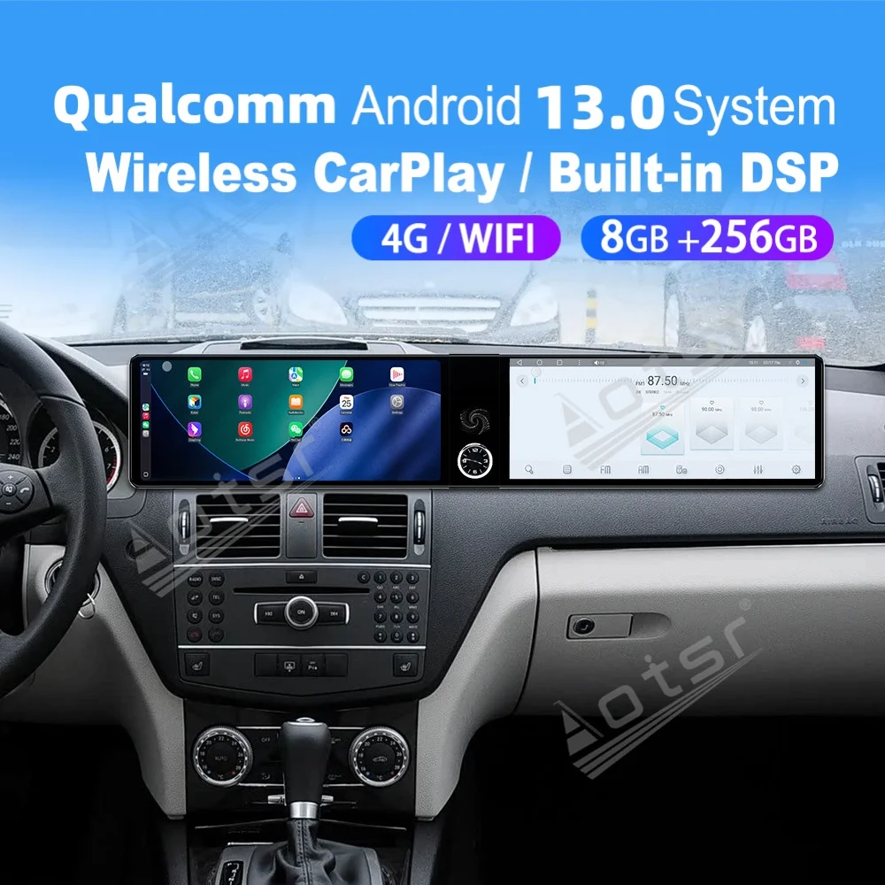 

12.3" Dual Screen Qualcomm Carplay Android Car Multimedia Automotive For Mercedes-Benz C W204 2007~2010 GPS Car Radio Head Unit