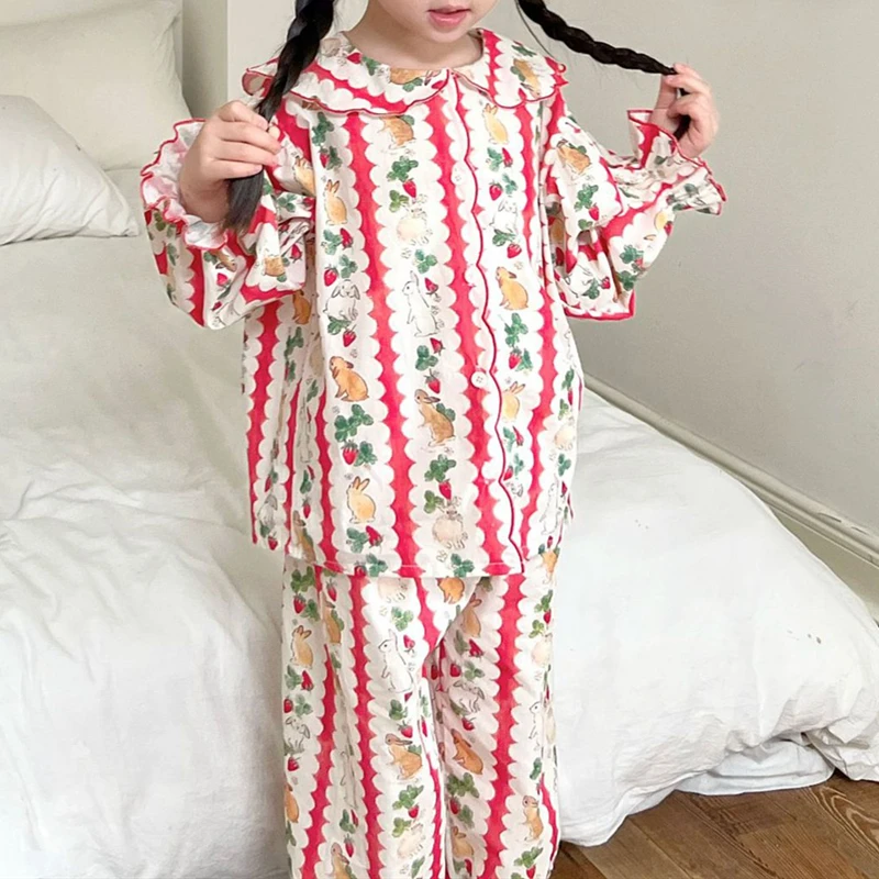 Kids Clothes Girls Loungewear 2023 Easter Rabbit Print Cute Pajama Suit for Babies Spring New Cotton Casual Children\'s Clothing