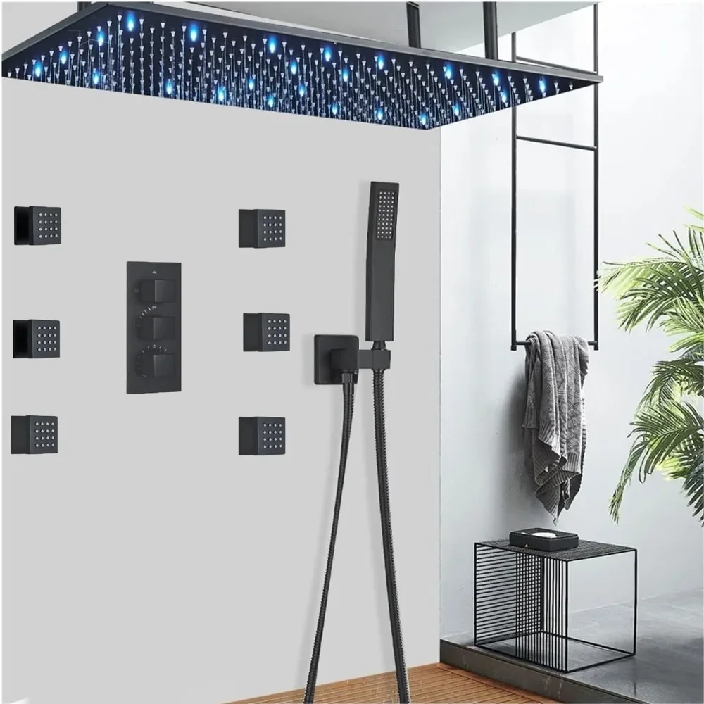 

Black Thermostatic Shower Head Combo Set Rainfall Shower System with 6 Body Jets