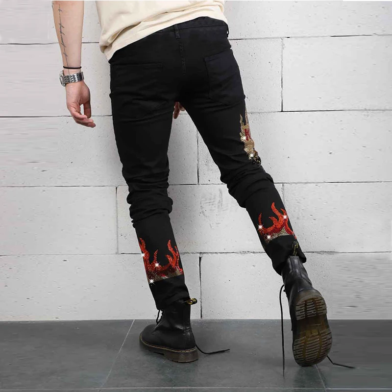 Uomo strass Hole Y2k Denim Pencil Pants Mans Stretchy Jeans neri Skinny Slim Fit Hot Drill Punk Streetwear Biker Pants