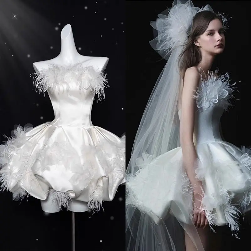 

White Strapless Evening Dress 2026 New Model Elegant Banquet Dress for Engagement Wedding Feathered Puffy Dresses