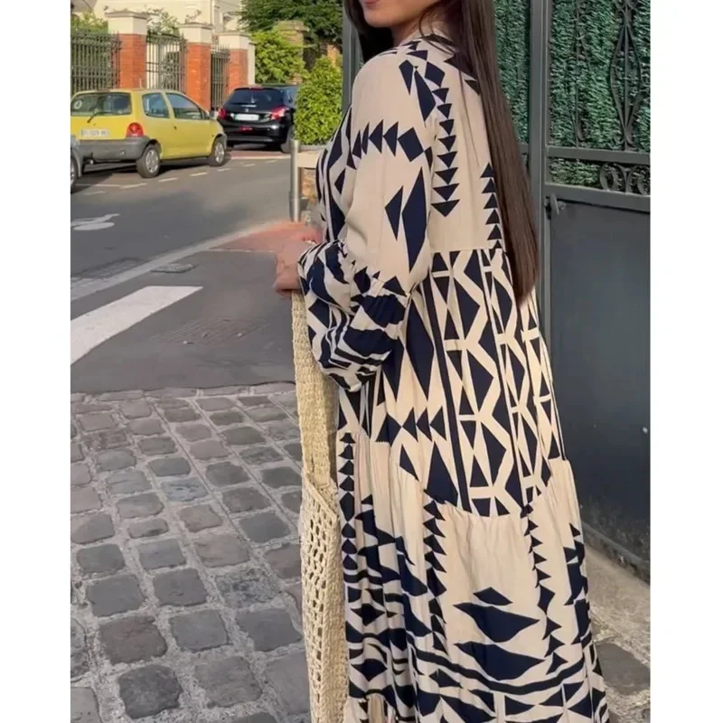 Autumn Spring Long Sleeve Geometric Printed Loose Dresses For Women New Shirt Long Ankle Length Skirt Vacation Clothing