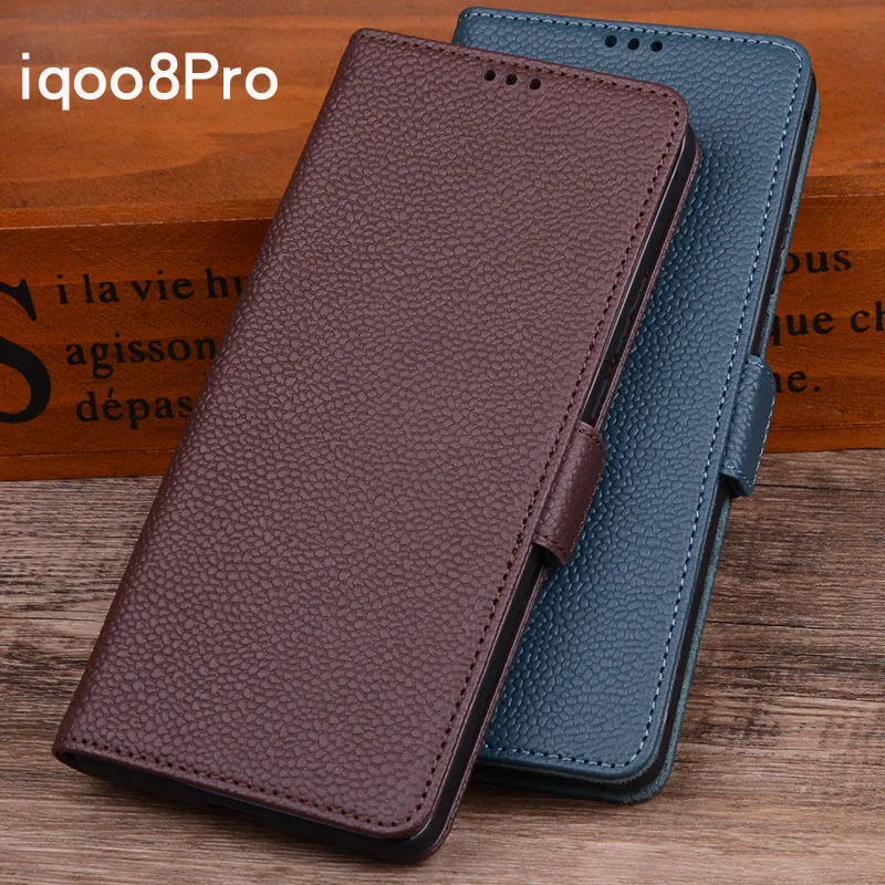 Hot New Luxury Lich Genuine Leather Flip Phone Case For Vivo Iqoo8 Iqoo 8 Pro Real Cowhide Leather Shell Full Cover Pocket Bag