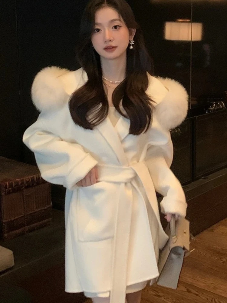 2025년 신상 가을 겨울 패션 후드 리얼 폭스 퍼 울 혼방 재킷 여성 상의 따뜻한 캐시미어 울 코트