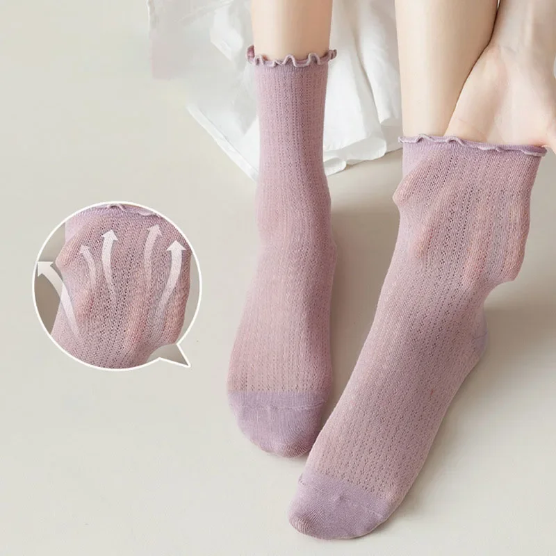 Lolita Women Ruffle Edge Middle Tube Socks Summer Thin Breathable Mesh Socks Candy Color Girls Pile Socks Matching Leather Shoes