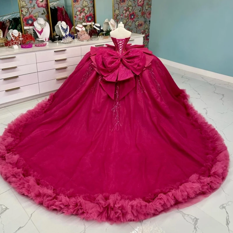 Rosa vermelha quinceanera vestidos de baile fora do ombro miçangas cristal em camadas tull arco festa aniversário doce 16 vestido