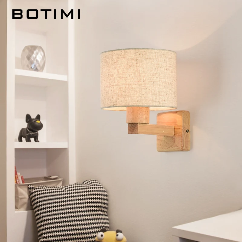 BOTIMI Fabric Lampshade LED Wall Lamp For Living Room Hotel Bedside Wooden Wall Sconce E27 Luminaire Bed Reading Home Lighting