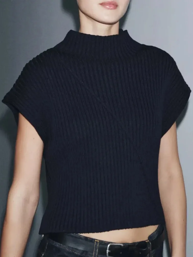 Nouveau automne femmes décontracté Faionable tout-Match col montant Ultra-cour Sve côtelé gilet tricoté pull doux coupe ample