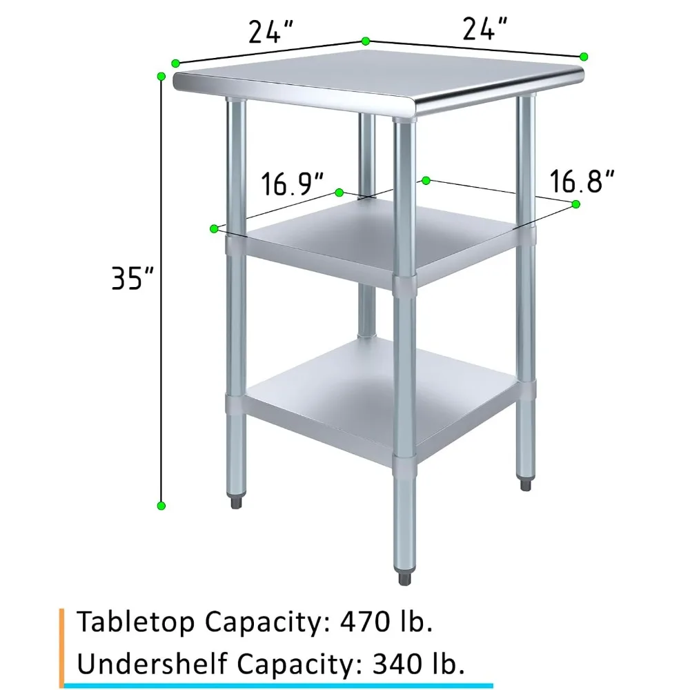 ステンレススチール製ワークテーブル 棚2枚付き メタルユーティリティテーブル 長さ24インチ x 奥行き24インチ 18ゲージステンレススチール