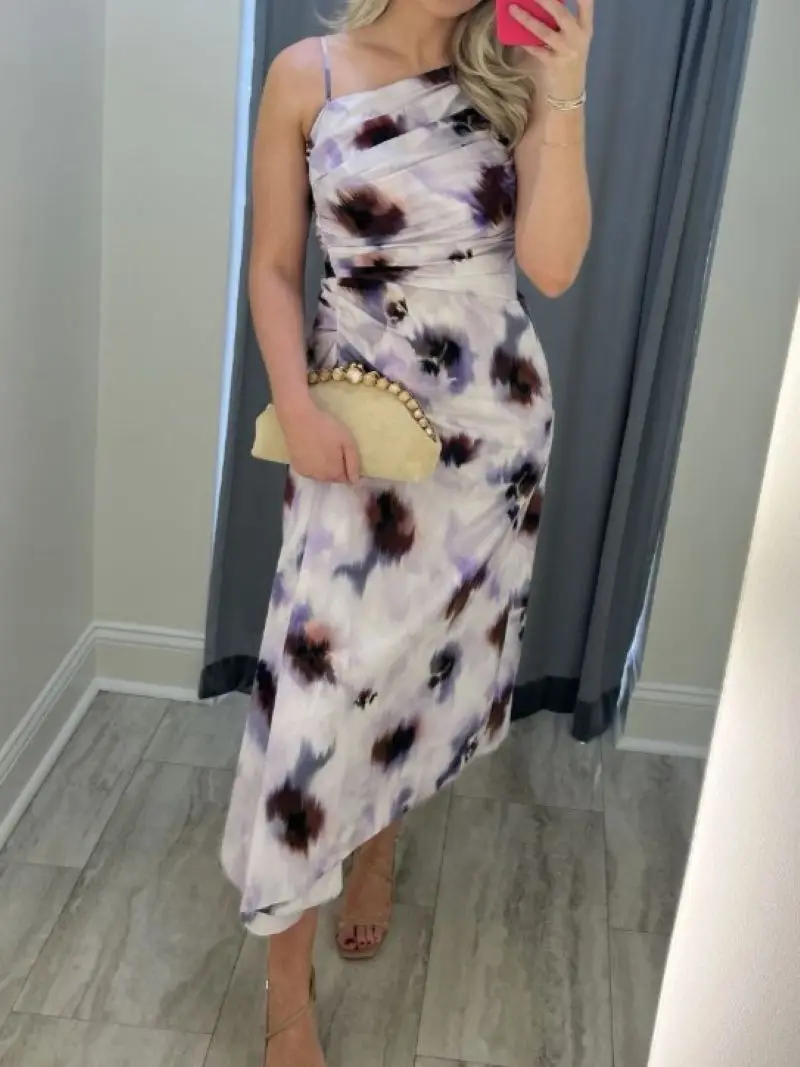 Women Slant Shoulder Midi Dress Floral Printed Waist-Cinching Sleeveless Elegant Ladies Robe