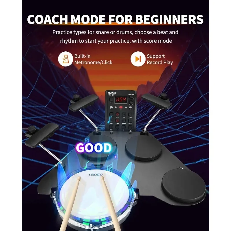 Electronic Drum Set, Portable Electric Drum Set for Beginner with Quiet Mesh Snare Drum Pads
