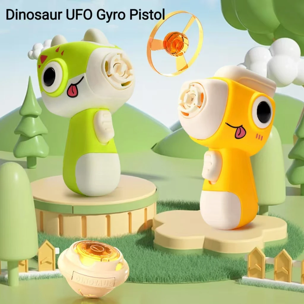 A Child Dinosaur UFO Gyroscope Catapult and a Spinning Light-Emitting UFO Gyroscope Outdoor Parent-Child Toy
