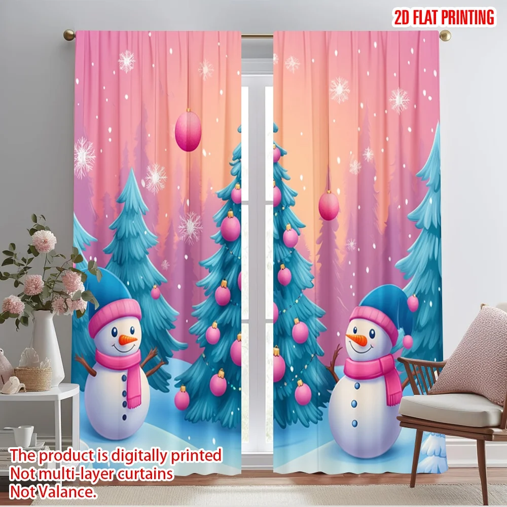 

2pcs,2D plane printing Curtain Fabric Cute Snowmen Christmas Trees Ornaments Versatile Polyester Fabric (without rod) Home Decor