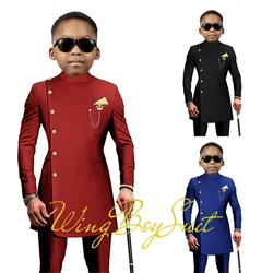 African Style Boys Suit Long Jacket Pants 2 Piece Set Single Breasted Blazer Wedding Tuxedo Kids Formal Party Dress