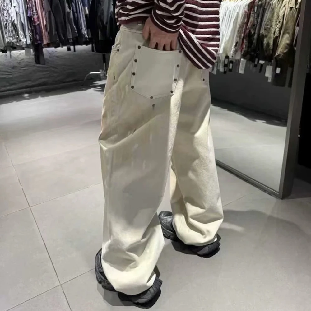High Street Dirty Mud Splatter Baggy Jeans for Men Solid Color Loose Straight Rivet Pocket Washed White Denim Trousers Oversize