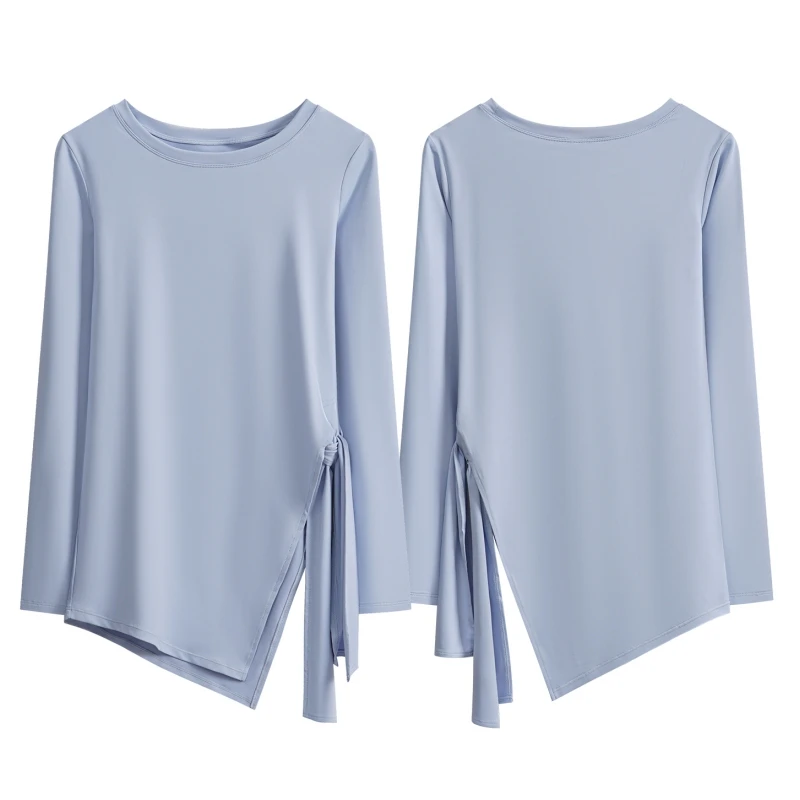 DRUR Long Sleeve Yoga Wrap Top for Women With O-Neck Thin Tie Front Workout Ballet Pilates T-Shirt Blouses Casual Street Shirt
