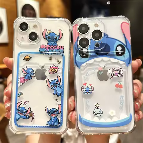 Cartoon Stitch Card Holder Slot Bag Wallet Case For Samsung Galaxy A55 A35 A34 S24 Ultra S23 S22 A54 A53 A32 Cover Capa Clear