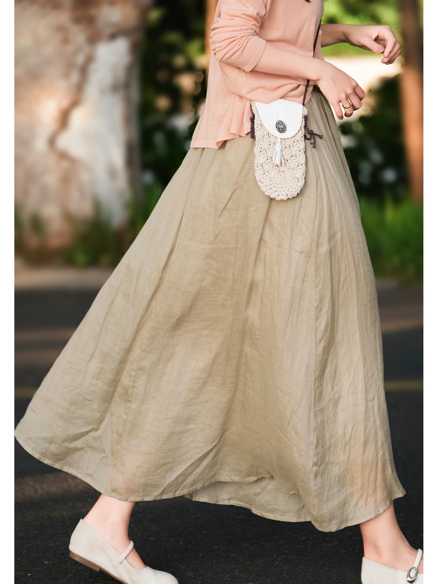 Small Ear Production 100 Fine Branch Hemp Same Color Series  Back Half Elastic One Button Half Skirt High Waist Umbrell...