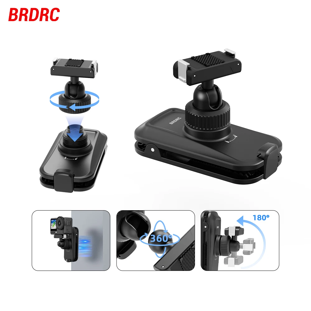 BRDRC Backpack Mount for DJI Action 6/5 Pro/4 Camera Accessories 360° Rotation Magnetic Backpack Clip Quick-Release Adapter