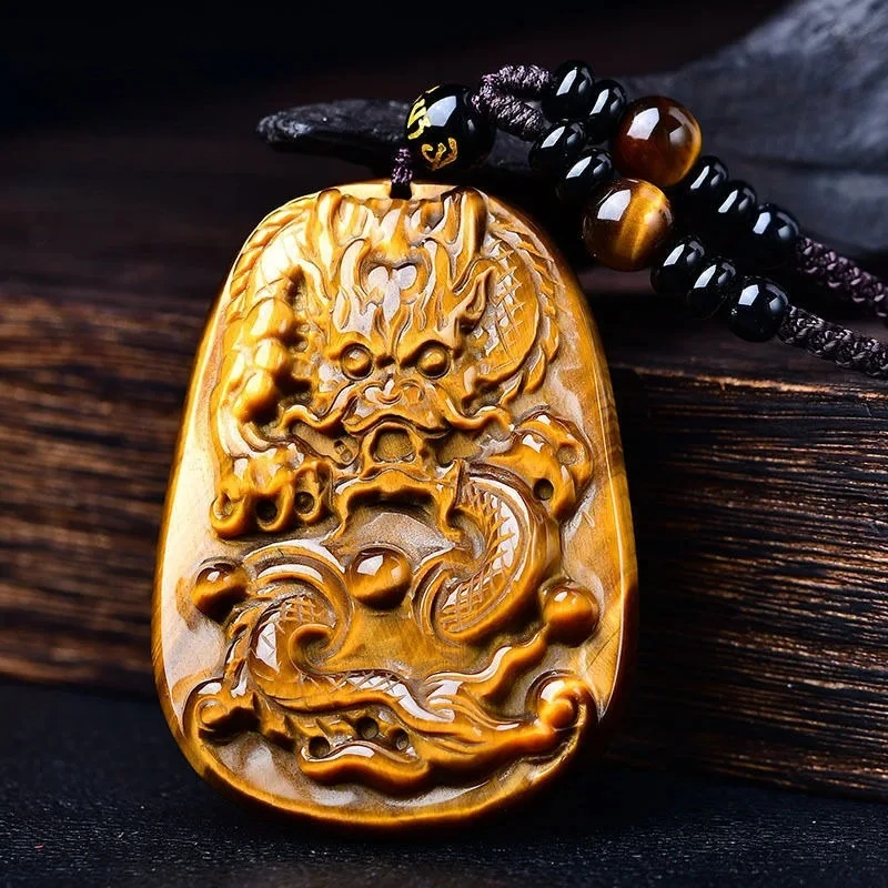 

Natural Yellow Chinese Jade Tiger Eye Stone Dragon Pendant Necklace Charm Jadeite Jewelry Carved Amulet Gifts for Women Men