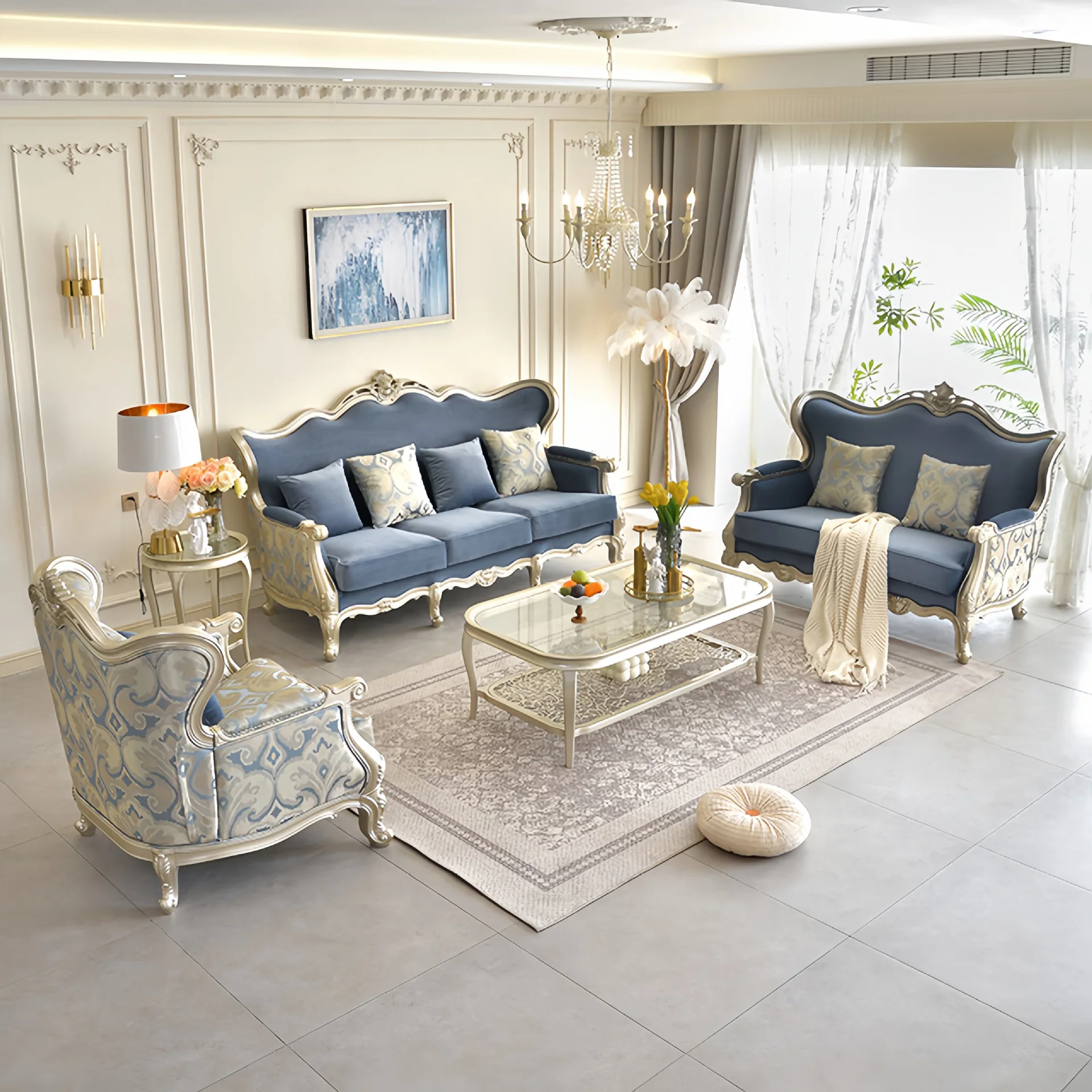 American Light Luxury Solid Wood Carving Flower Sofa European Court Villa Sofa Size Apartment High-end Soft Bag Sofa Combination
