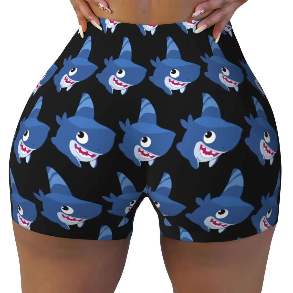 Custom Funny Shark Dog Yoga Shorts Women Gym Workout Running Athletic Volleyball Biker Shorts