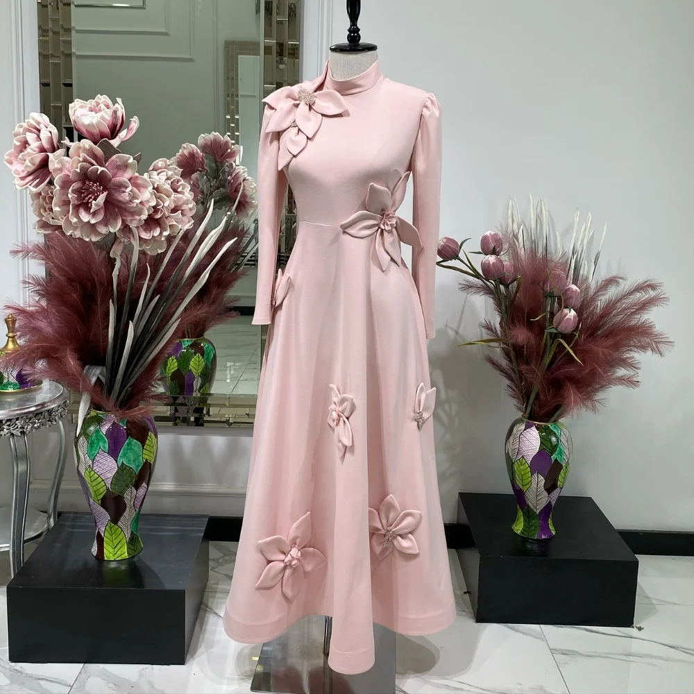 Customized Jersey Applique Sequined A-line High Collar Midi Dresses Bespoke Occasion Prom Elegant Fashion Matching