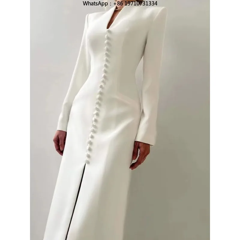 Luxury V-neck Single Breasted Banquet Dress French Style Simple Slim Party Dress Lady Half Sleeve High Waist Split Commute Dress