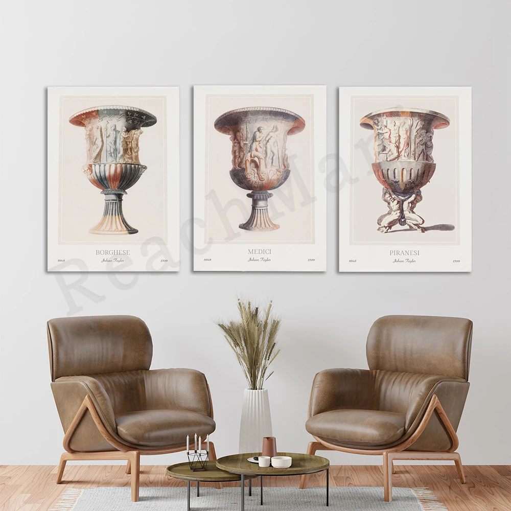 Johan Teyler Vintage Print, Three Vases Poster, Borghese Medici Piranesi, Dutch Artist, Greek Mythology Wall Decor